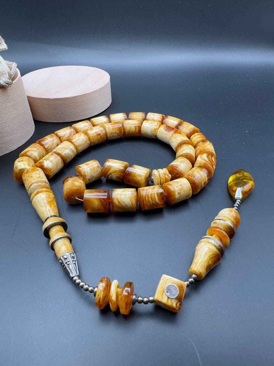 Pressed Amber Tasbih with Insect Inclusion, 33 Beads, 68g