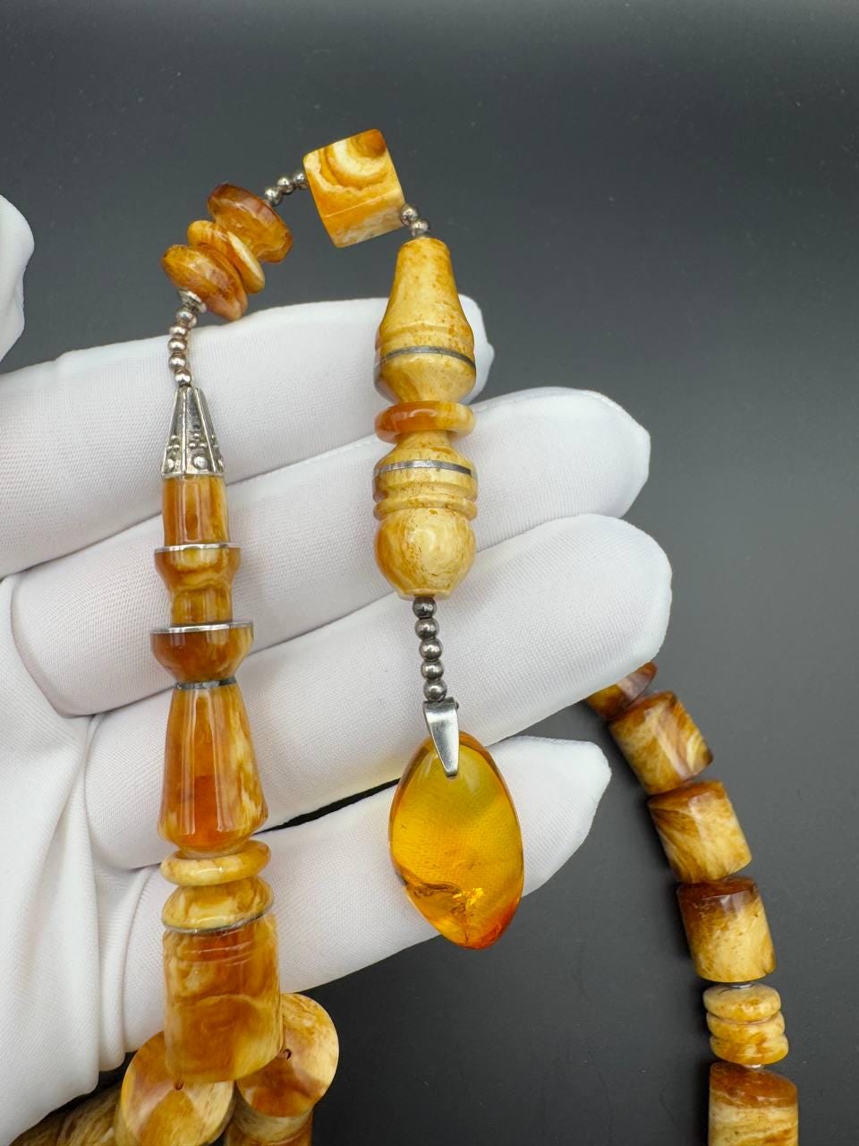 Pressed Amber Tasbih with Insect Inclusion, 33 Beads, 68g