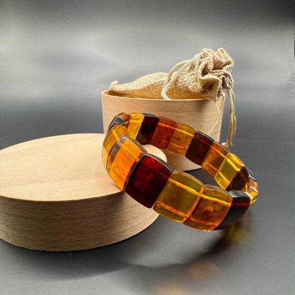 Yellow Brown Baltic Amber Bracelet, Rectangular Beads, 15.3g