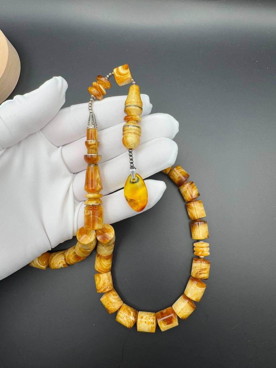 Pressed Amber Tasbih with Insect Inclusion, 33 Beads, 68g