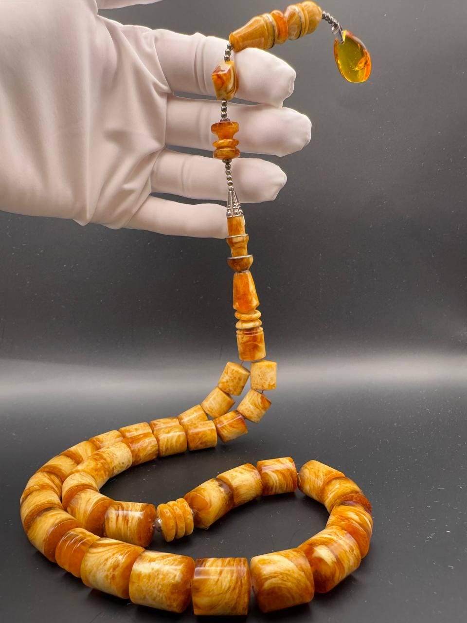 Pressed Amber Tasbih with Insect Inclusion, 33 Beads, 68g