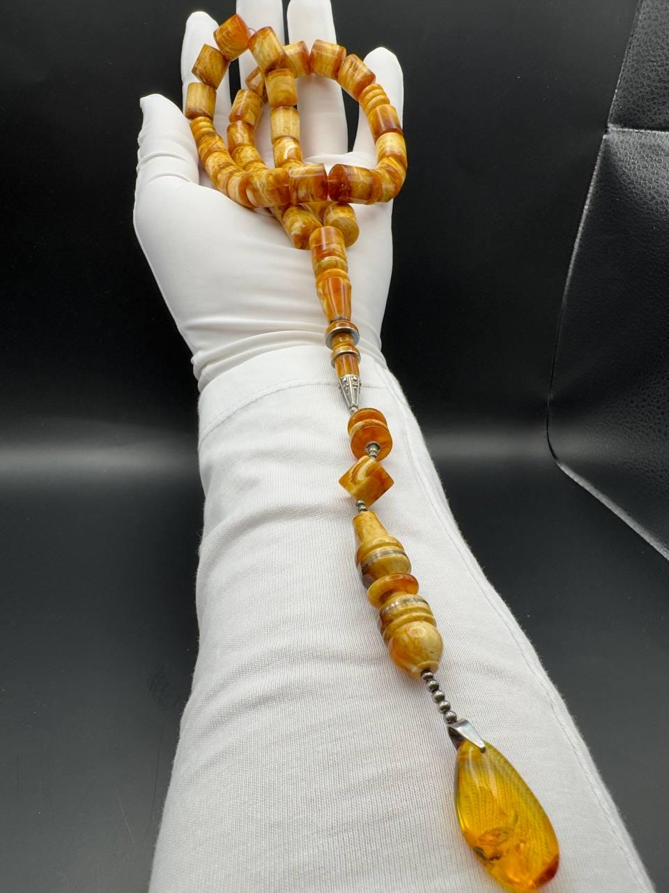 Pressed Amber Tasbih with Insect Inclusion, 33 Beads, 68g
