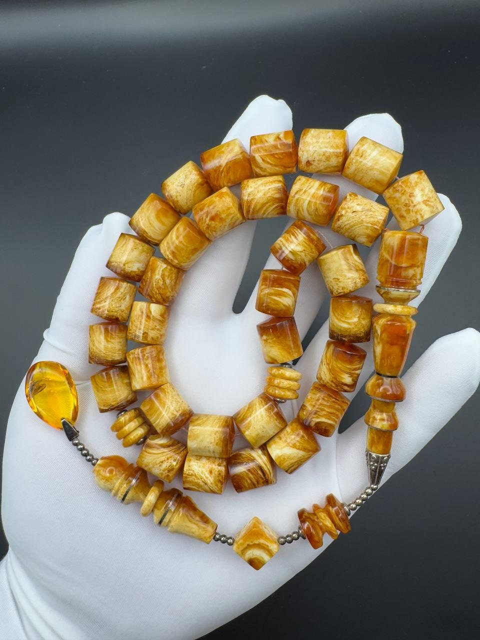 Pressed Amber Tasbih with Insect Inclusion, 33 Beads, 68g