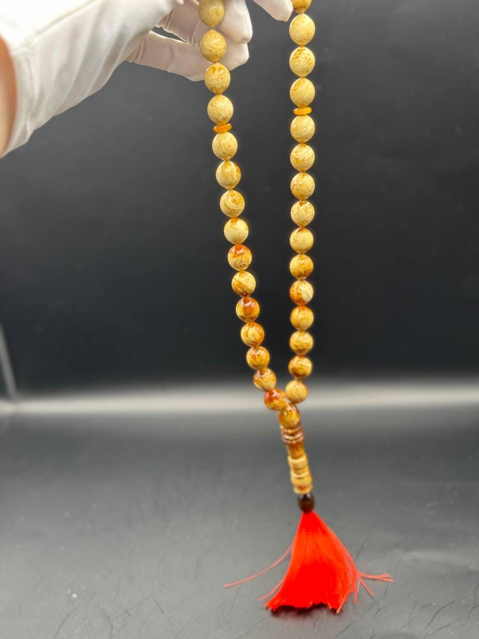 il_fullxfull.6769322232_6aku.jpg Pressed Baltic Amber Tasbih with Red Tassel, 33 Beads, 41.5g