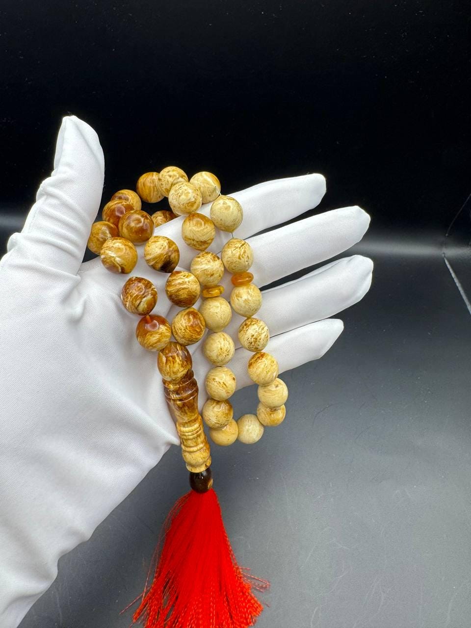 il_fullxfull.6769322244_q72u.jpg Pressed Baltic Amber Tasbih with Red Tassel, 33 Beads, 41.5g