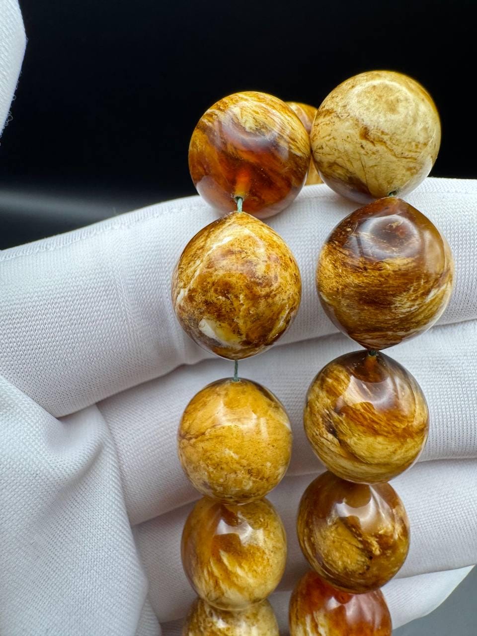 il_fullxfull.6769322254_tkd8.jpg Pressed Baltic Amber Tasbih with Red Tassel, 33 Beads, 41.5g