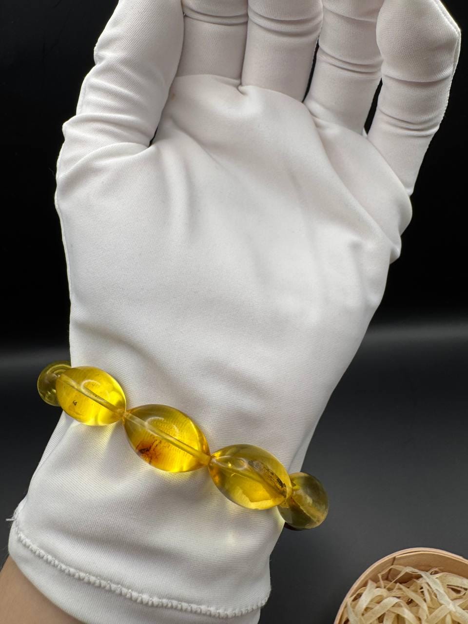 Honey Yellow Baltic Amber Bracelet with Insect Bead, 15g
