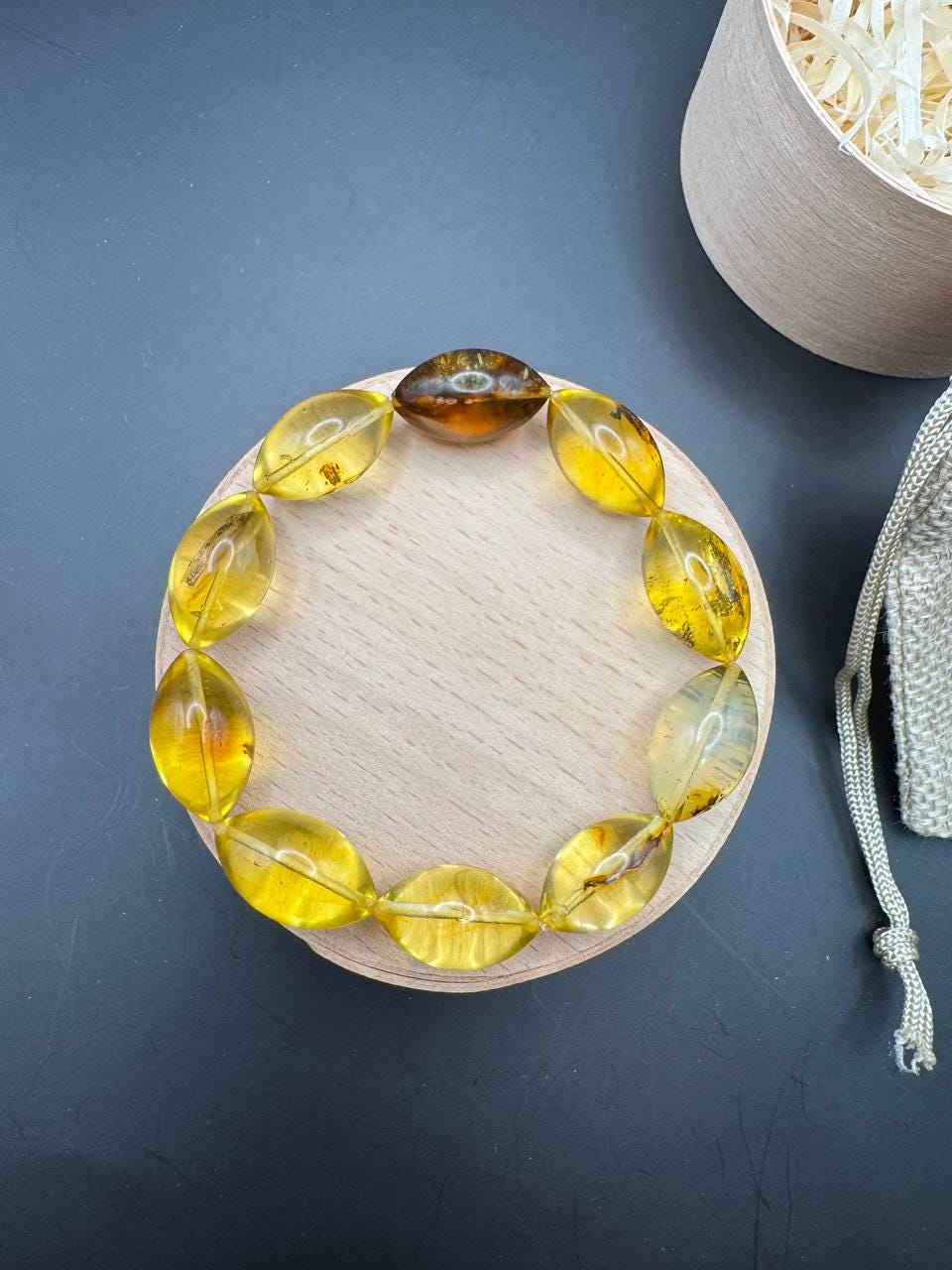 Honey Yellow Baltic Amber Bracelet with Insect Bead, 15g