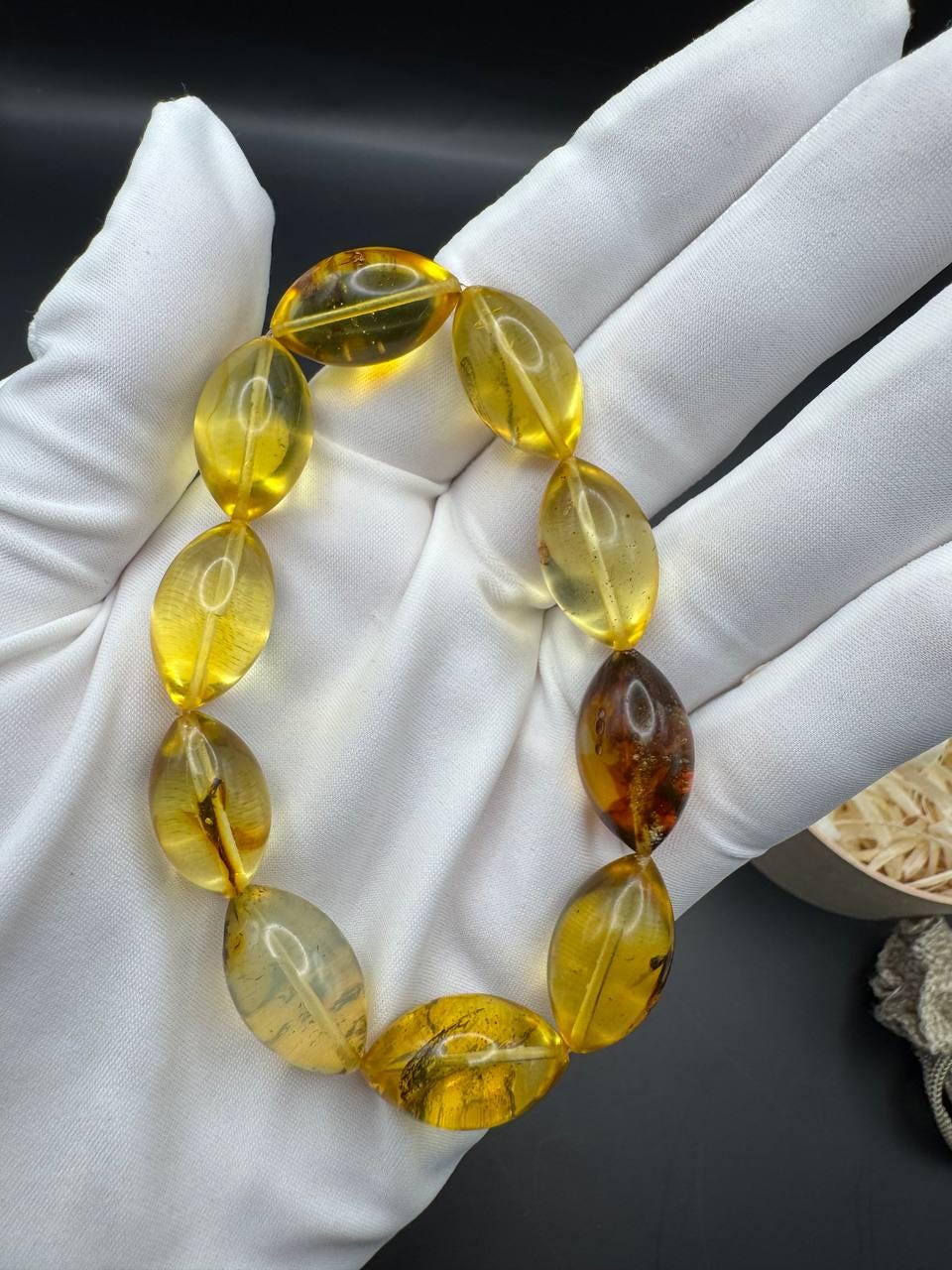 Honey Yellow Baltic Amber Bracelet with Insect Bead, 15g