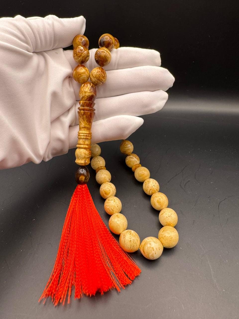 il_fullxfull.6817333677_5cx0.jpg Pressed Baltic Amber Tasbih with Red Tassel, 33 Beads, 41.5g