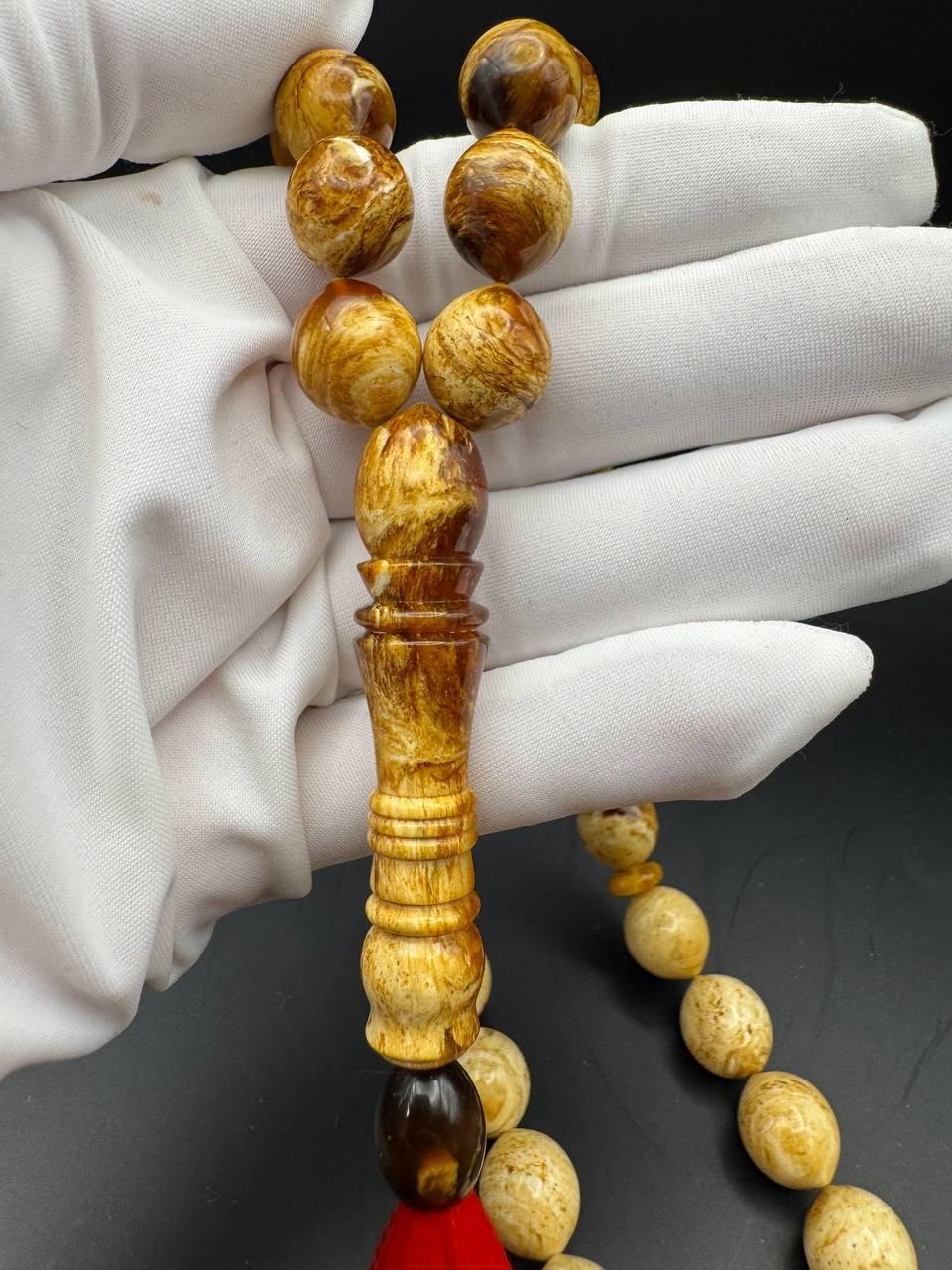 il_fullxfull.6817333699_tqgt.jpg Pressed Baltic Amber Tasbih with Red Tassel, 33 Beads, 41.5g