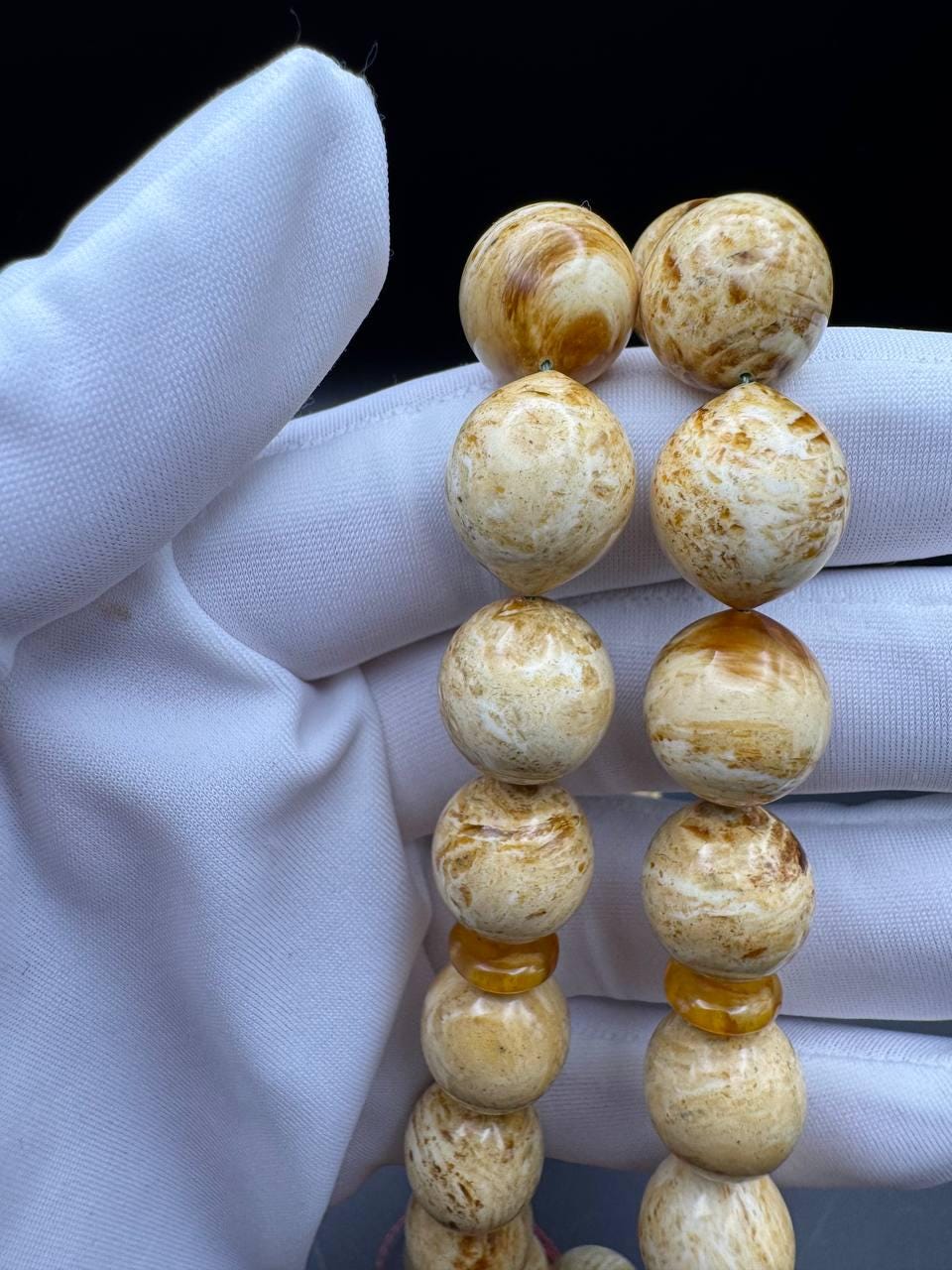 il_fullxfull.6817333705_6rcl.jpg Pressed Baltic Amber Tasbih with Red Tassel, 33 Beads, 41.5g