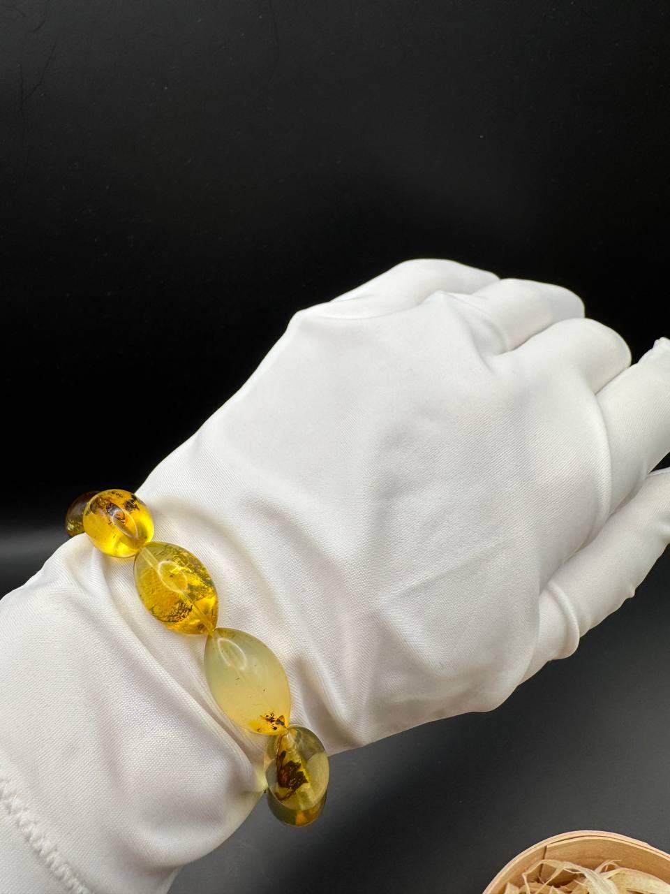Honey Yellow Baltic Amber Bracelet with Insect Bead, 15g