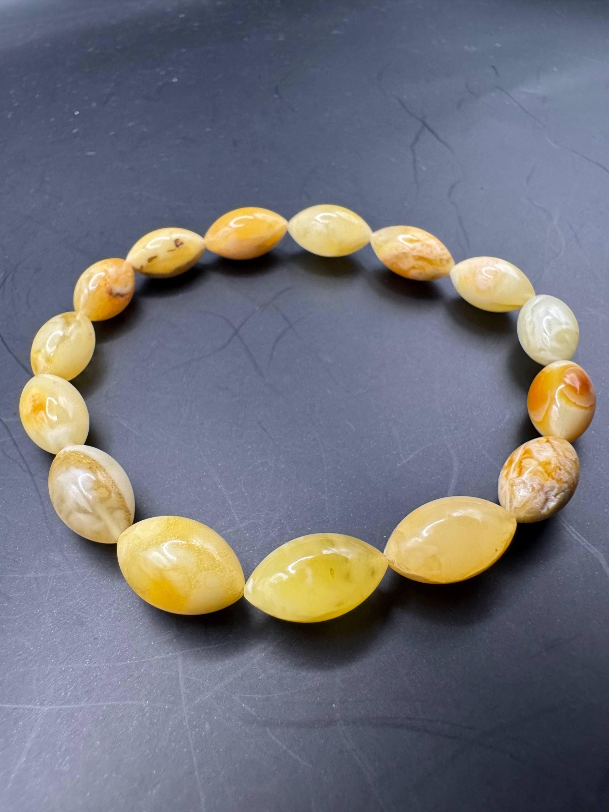 Milky Yolk Baltic Amber Bracelet, Olive Beads, 5.6g