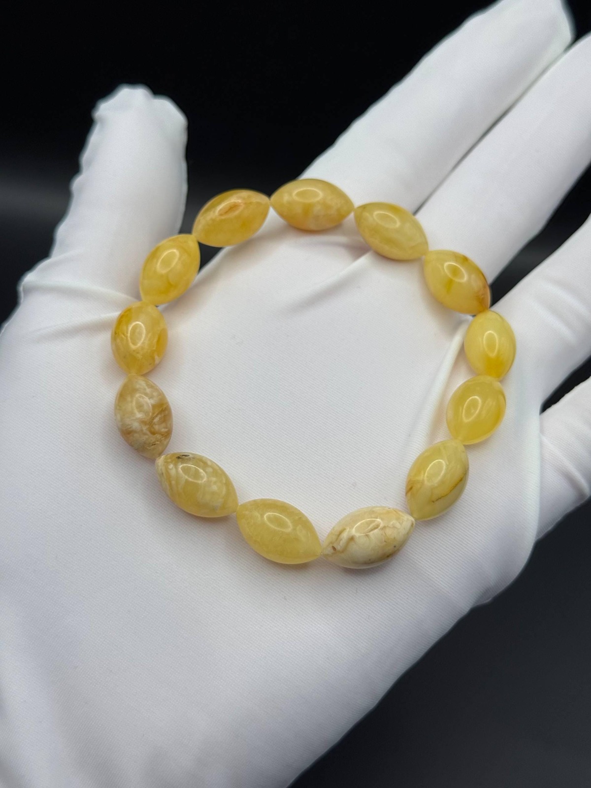 Landscape Baltic Amber Bracelet, Olive Beads, 9.1g