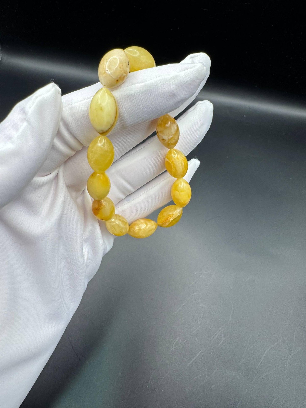 Landscape Baltic Amber Bracelet, Olive Beads, 9.1g