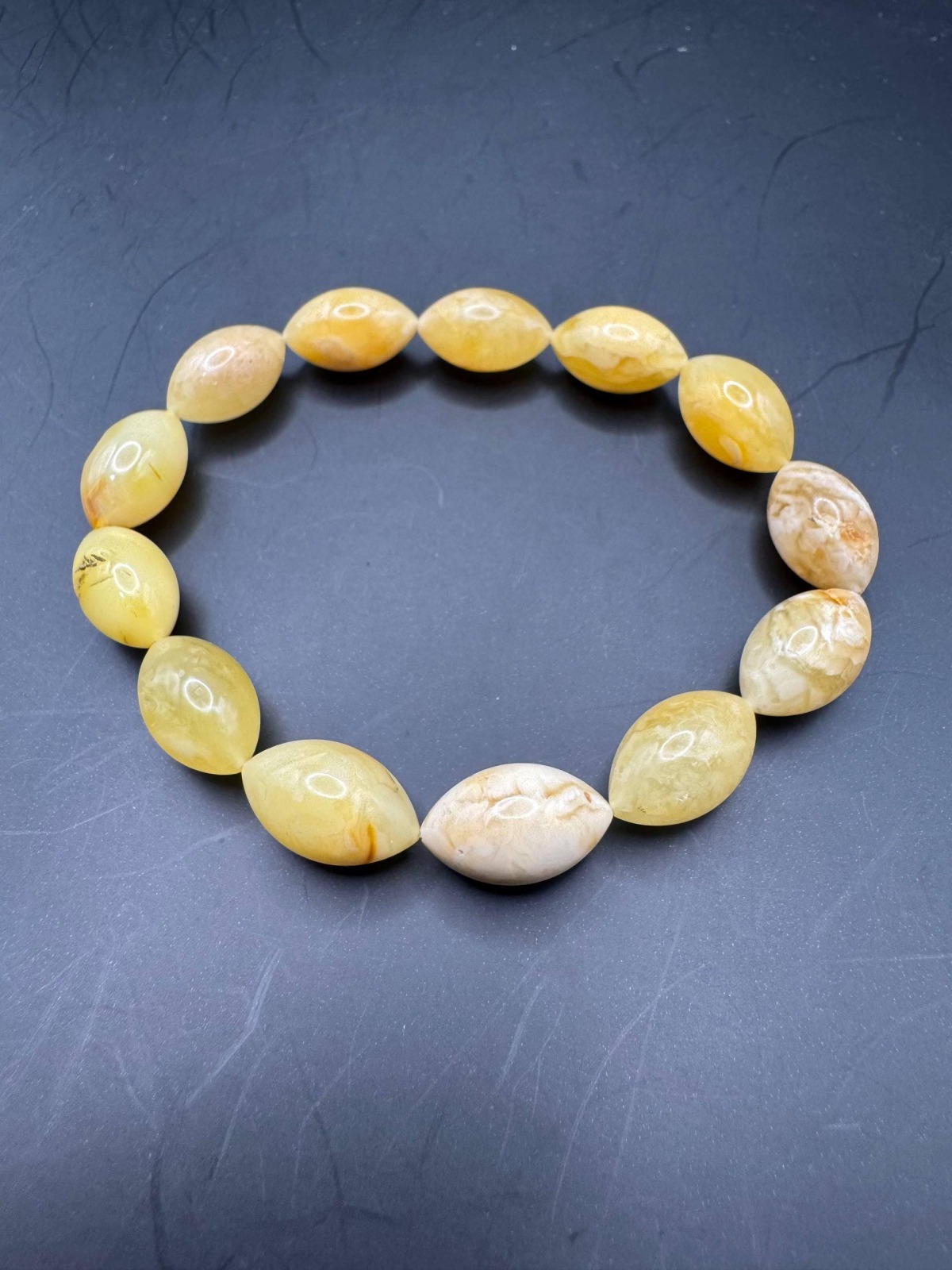 Landscape Baltic Amber Bracelet, Olive Beads, 9.1g