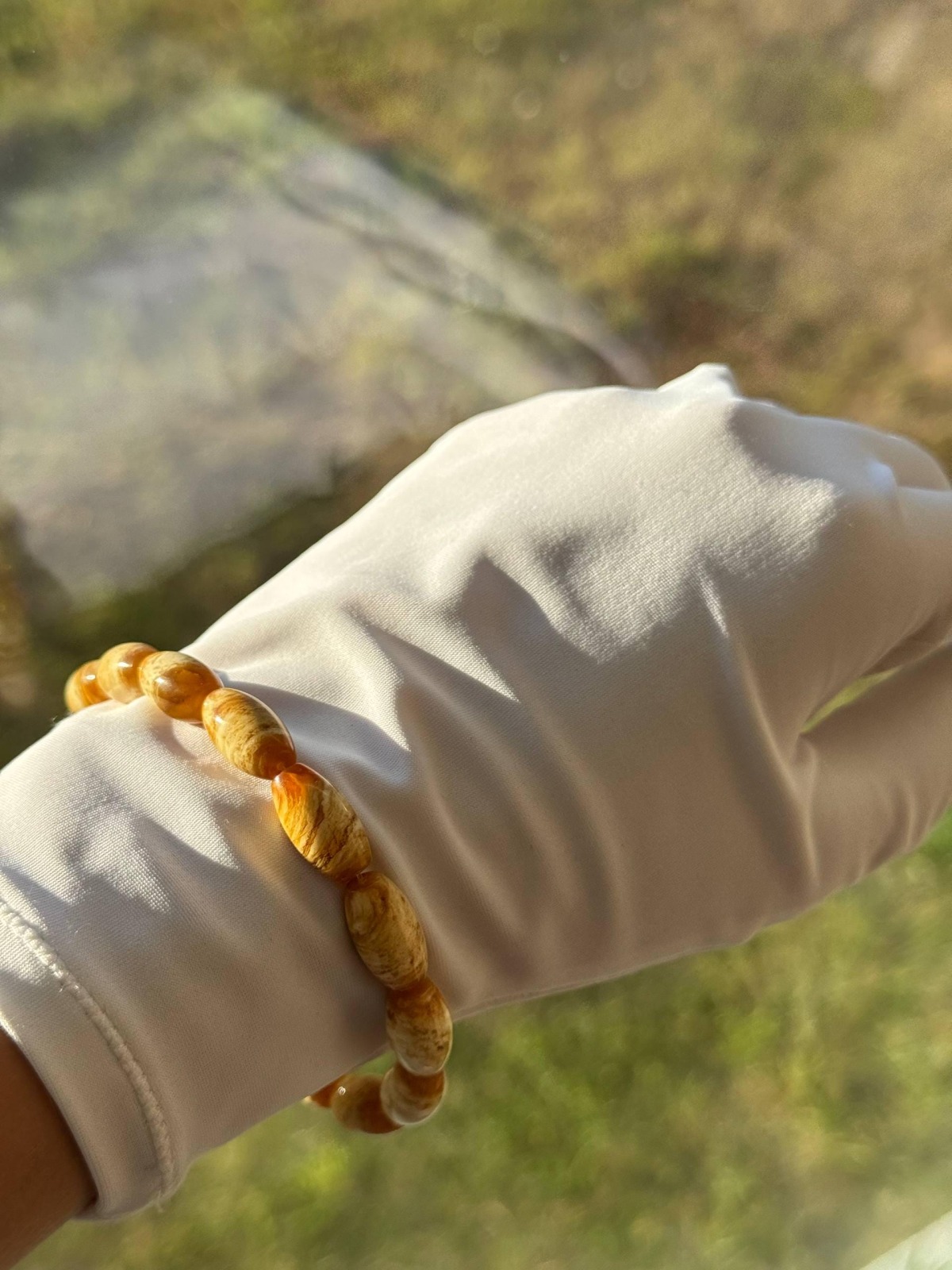 Pressed Baltic Amber Bracelet, Yellow and White Beads, 8.5g