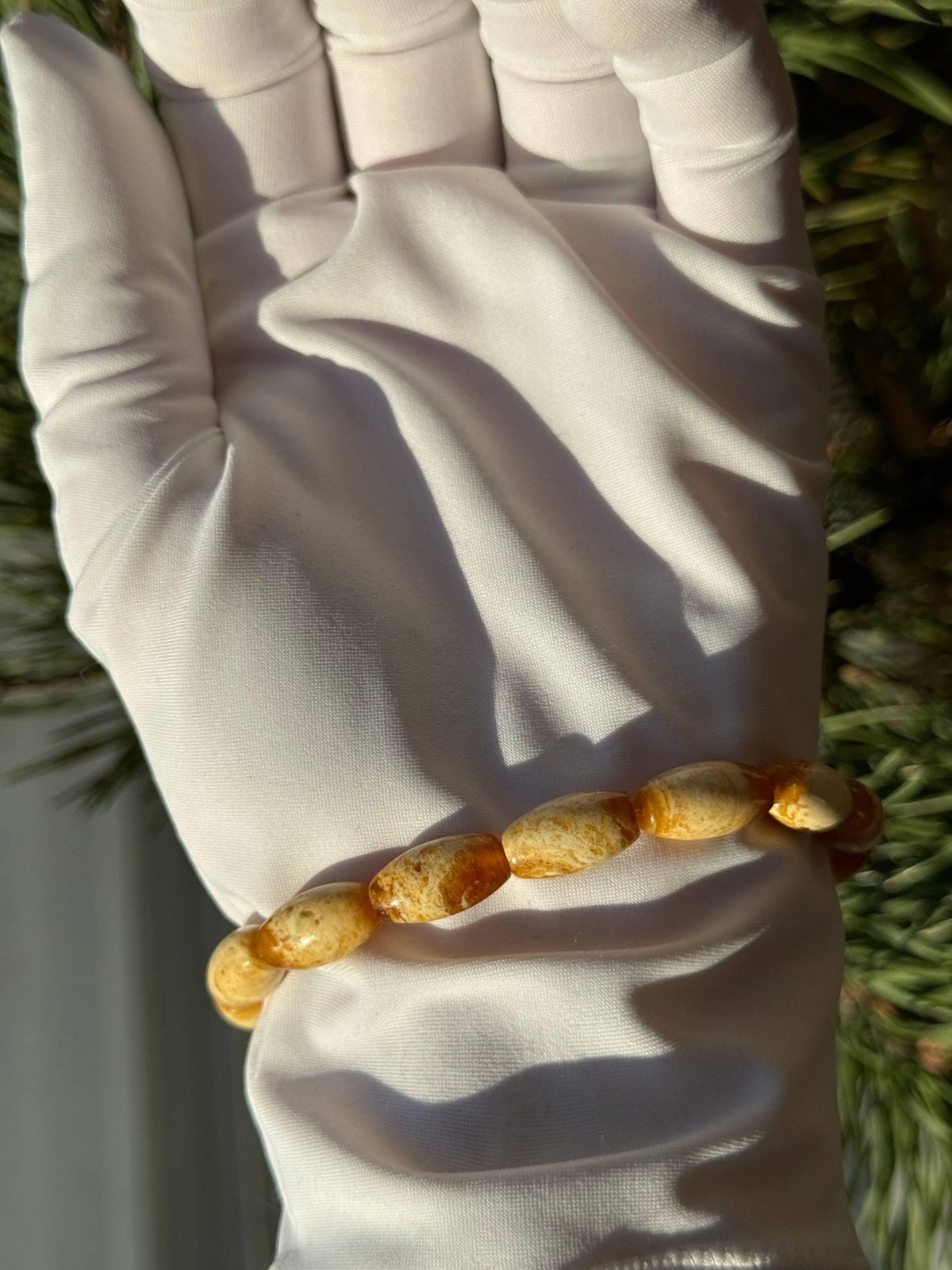 Pressed Baltic Amber Bracelet, Yellow and White Beads, 8.5g