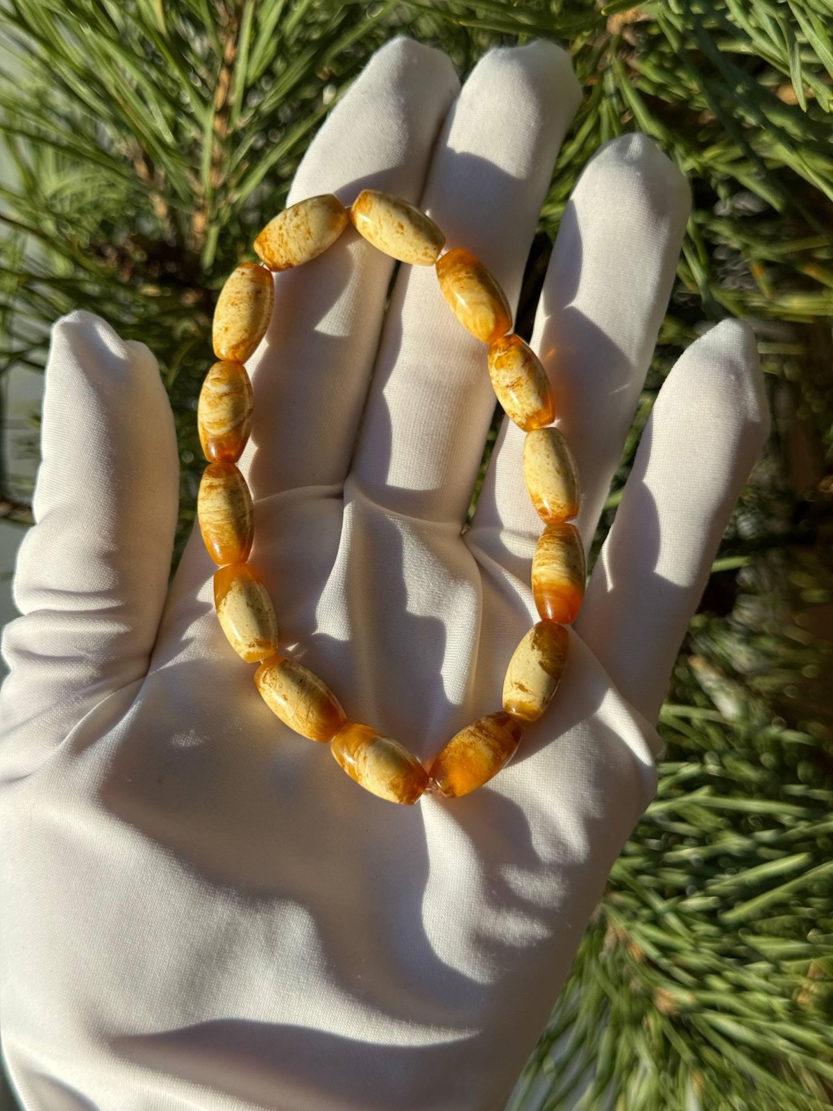 Pressed Baltic Amber Bracelet, Yellow and White Beads, 8.5g