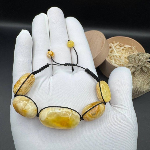 Landscape Baltic Amber Bracelet, Creamy White, Adjustable, 15.5g