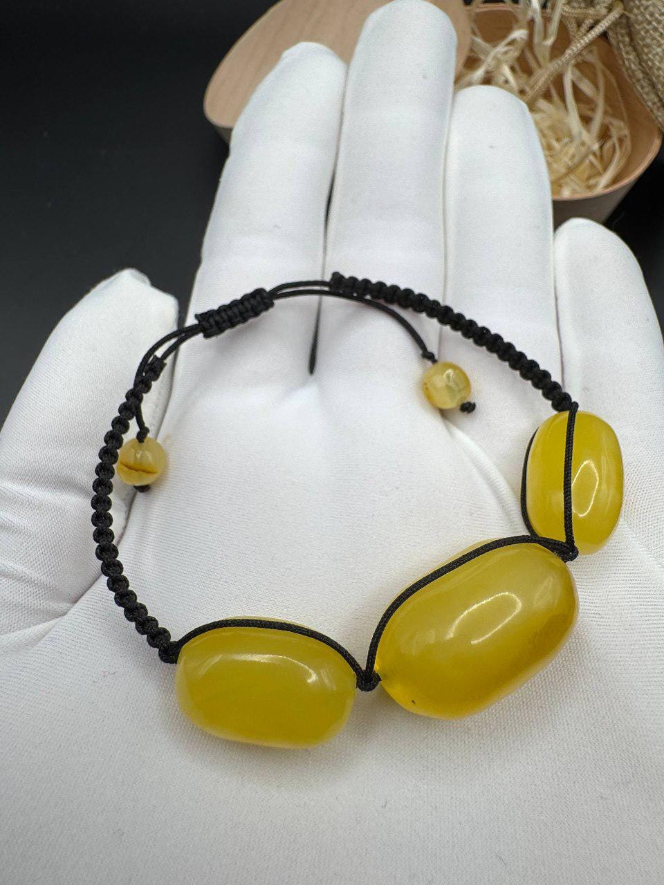Macrame Baltic Amber Bracelet, Yellow Amber, Adjustable, 8g