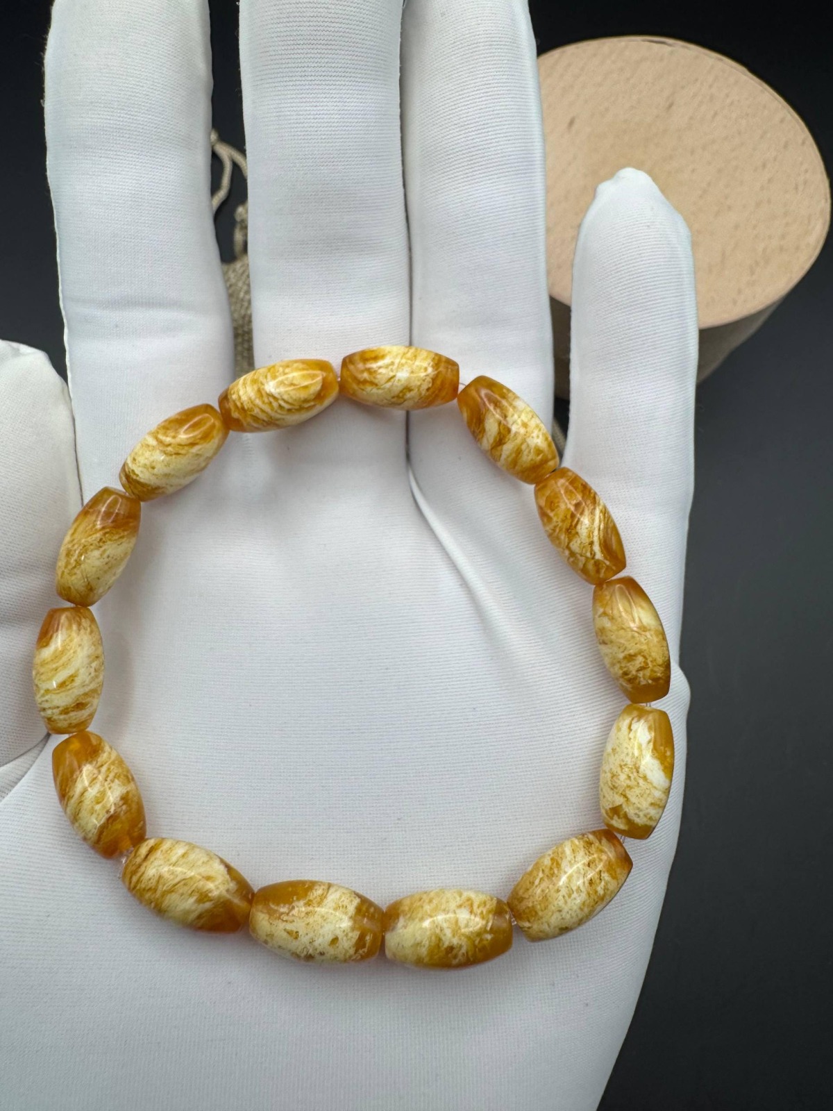 Pressed Baltic Amber Bracelet, Yellow and White Beads, 8.5g