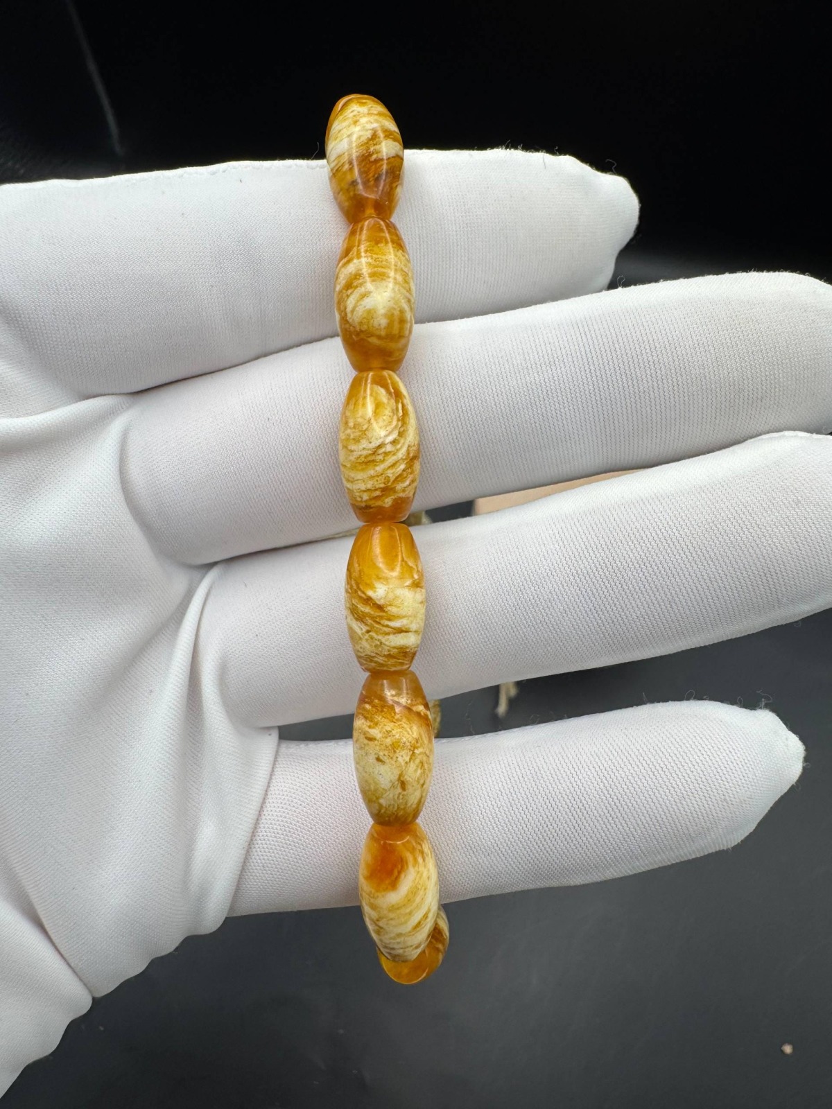 Pressed Baltic Amber Bracelet, Yellow and White Beads, 8.5g