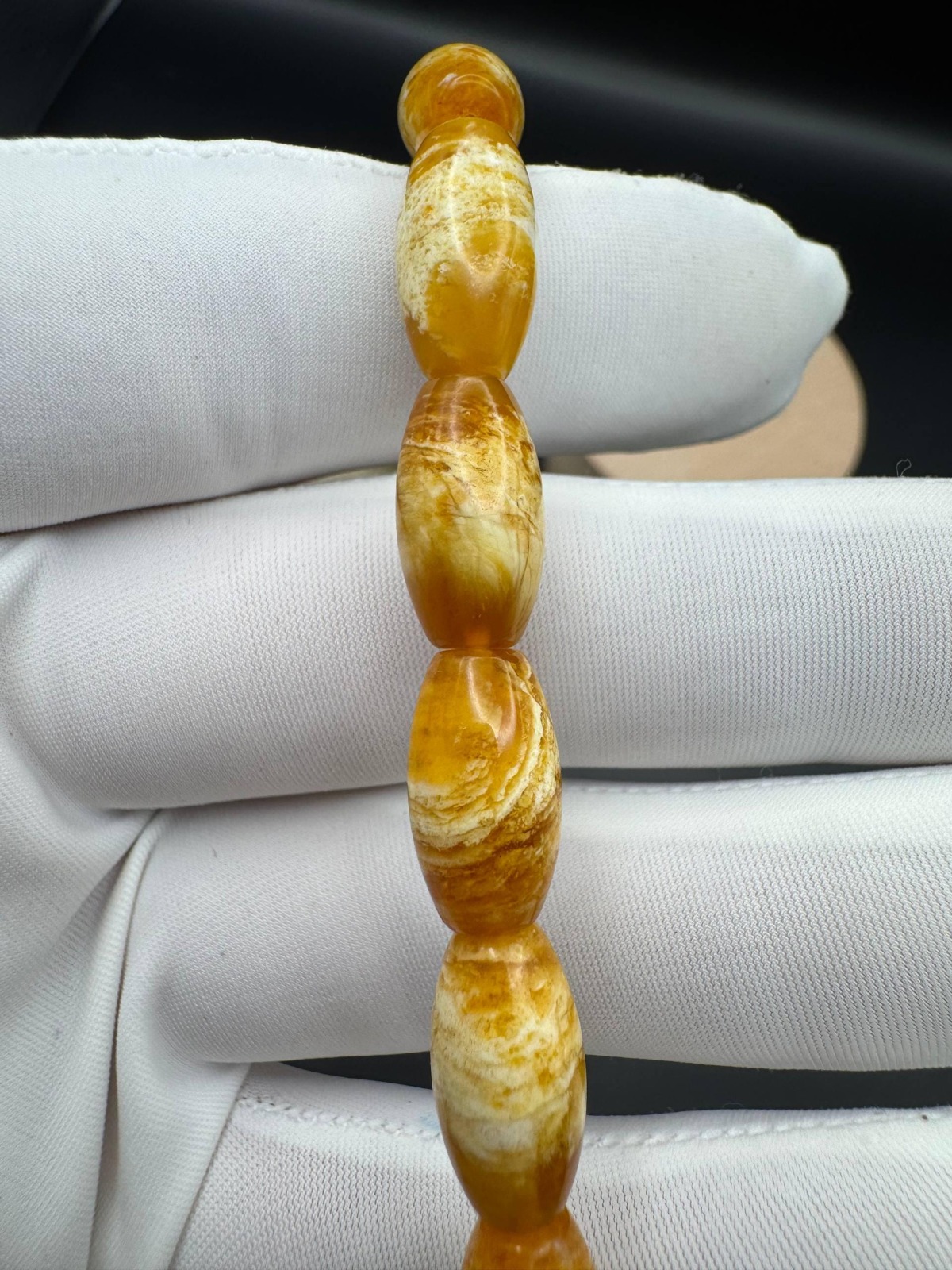 Pressed Baltic Amber Bracelet, Yellow and White Beads, 8.5g