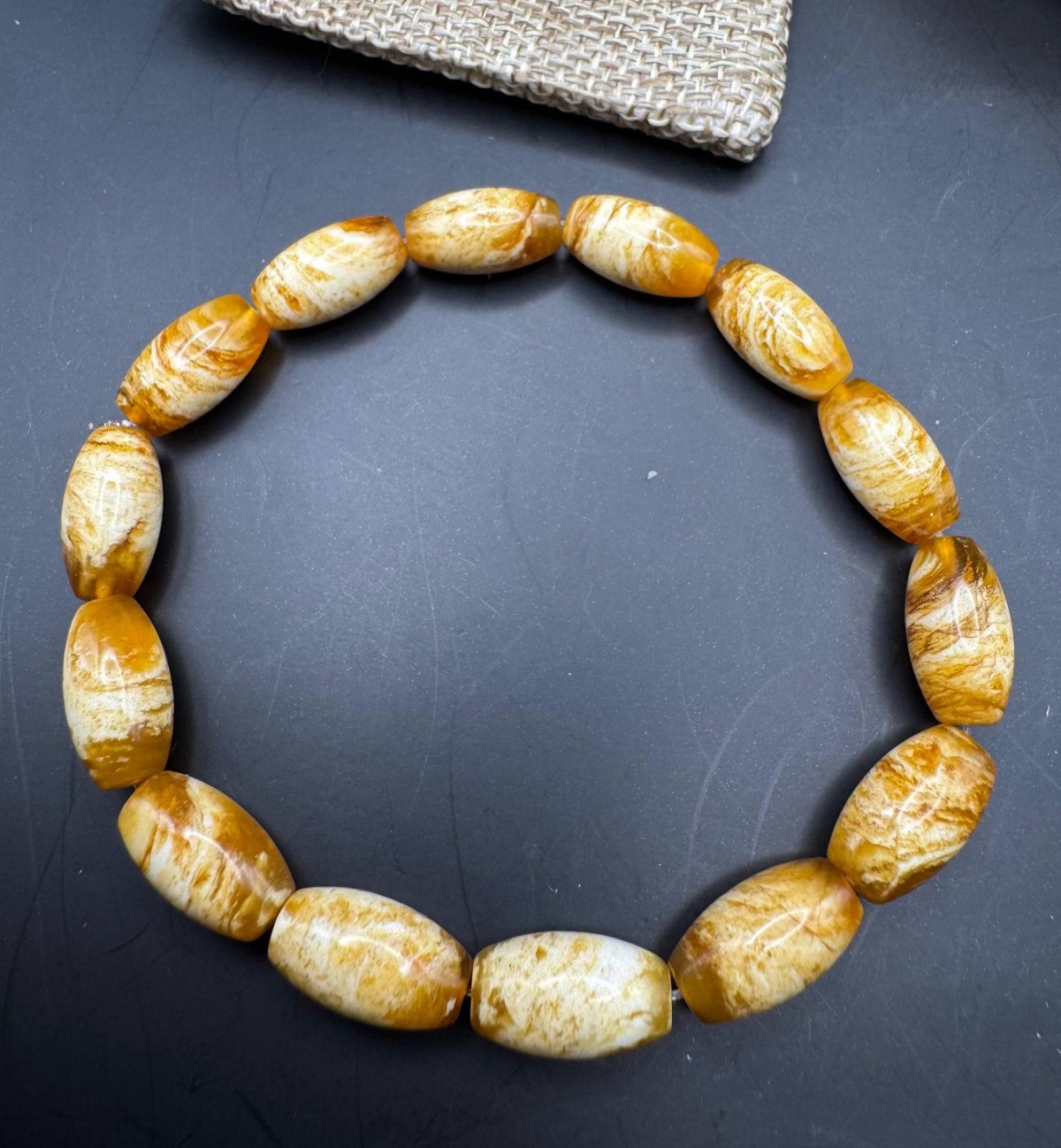 Pressed Baltic Amber Bracelet, Yellow and White Beads, 8.5g