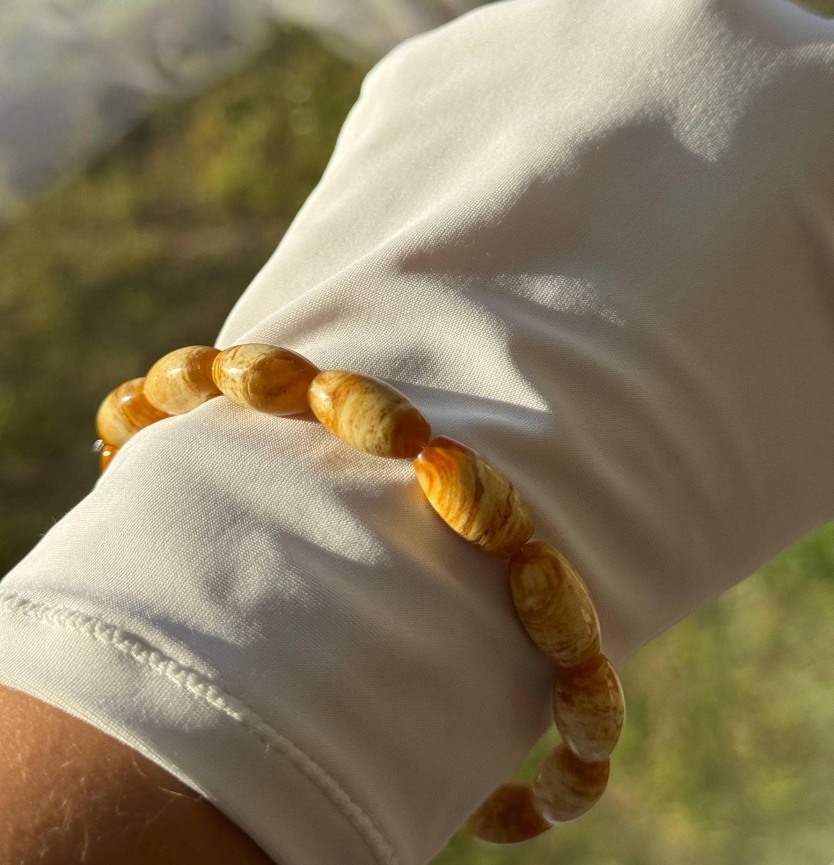 Pressed Baltic Amber Bracelet, Yellow and White Beads, 8.5g
