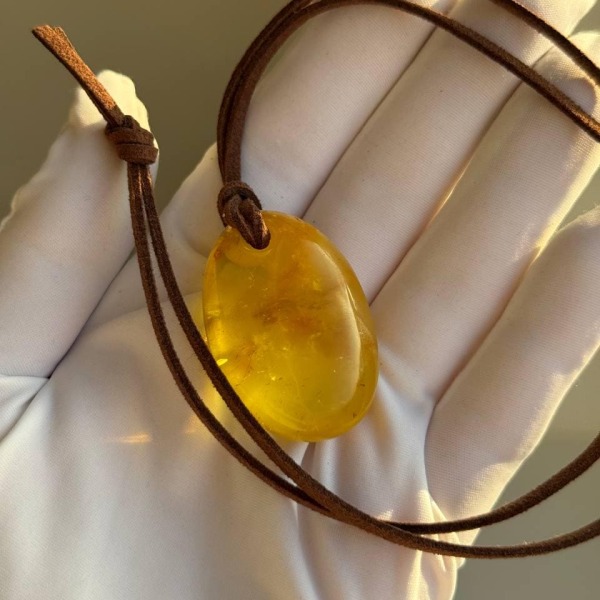 Golden Honey Baltic Amber Pendant on Suede Cord, 39mm, 10g