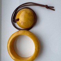 Vintage Carved Baltic Amber Bangle and Pendant Set