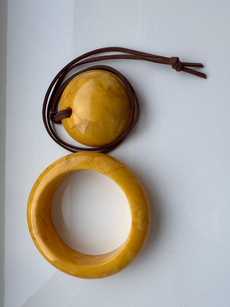 Vintage Carved Baltic Amber Bangle and Pendant Set