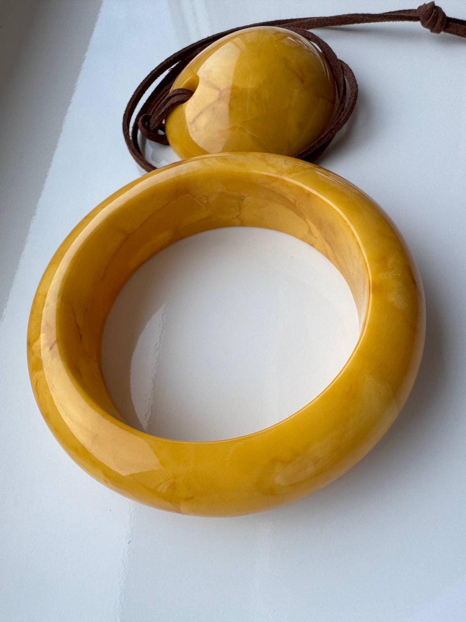 Vintage Carved Baltic Amber Bangle and Pendant Set