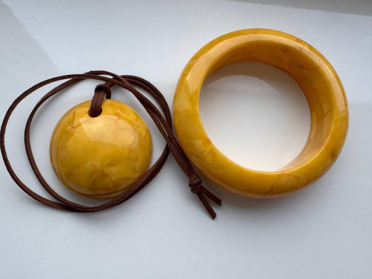 Vintage Carved Baltic Amber Bangle and Pendant Set