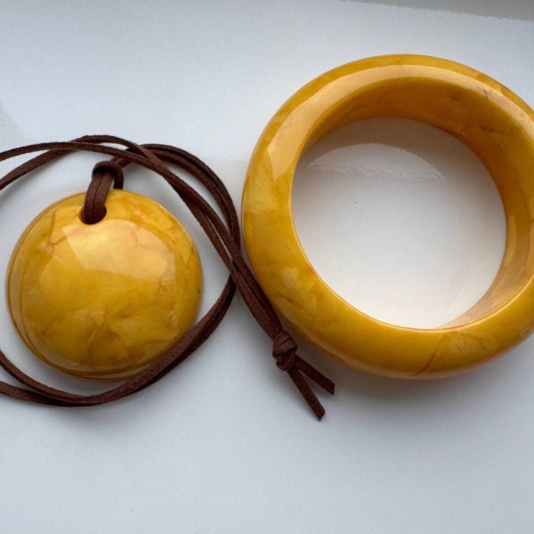Vintage Carved Baltic Amber Bangle and Pendant Set