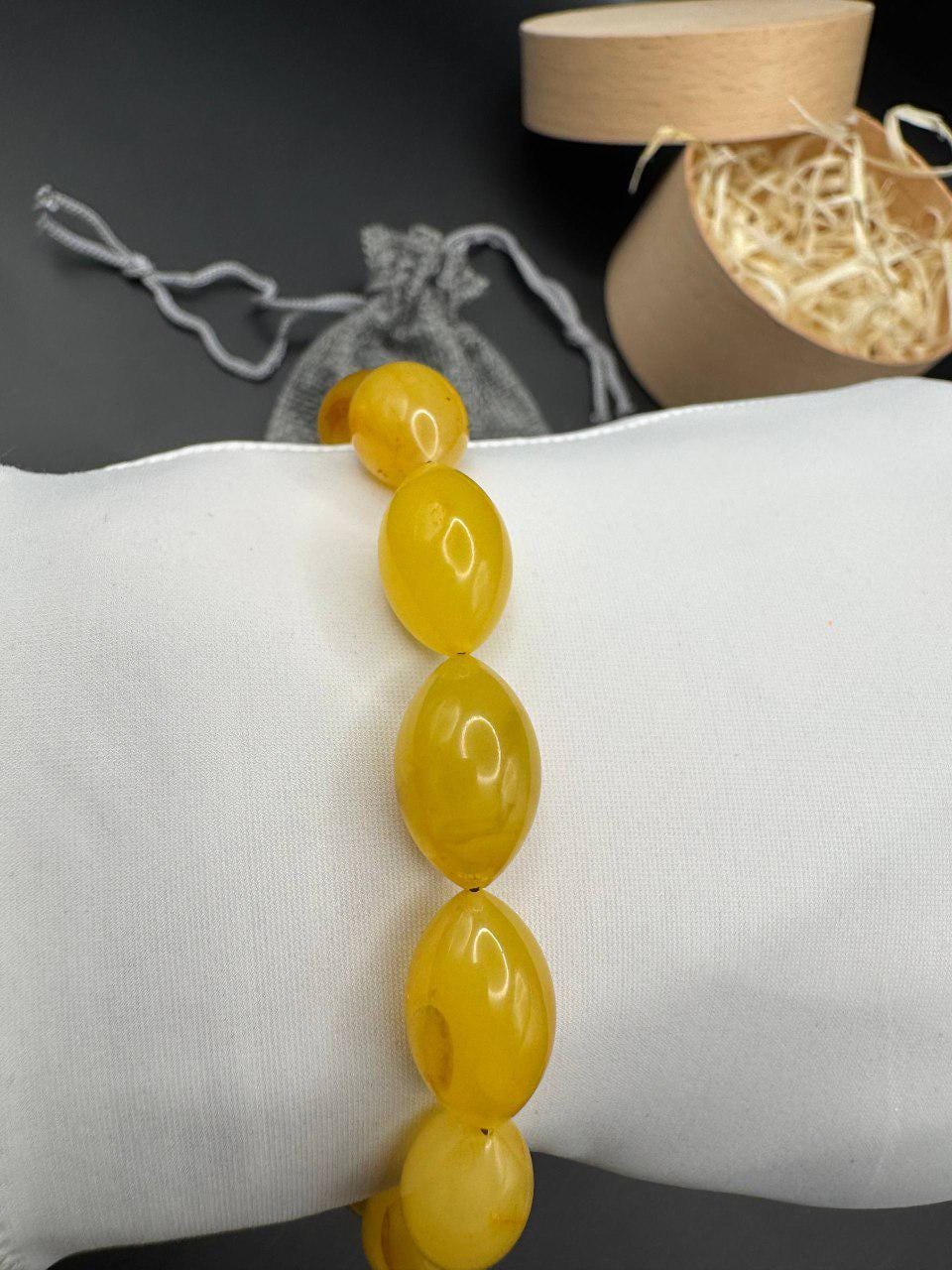 il_fullxfull.7429694830_s36f.jpg Milky Yellow Oval Bead Bracelet, Amber-Look Gemstone, 10.3g