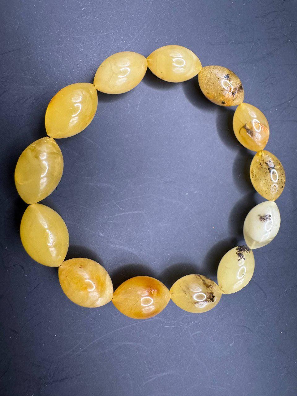 il_fullxfull.7429694850_kygg.jpg Milky Yellow Oval Bead Bracelet, Amber-Look Gemstone, 10.3g