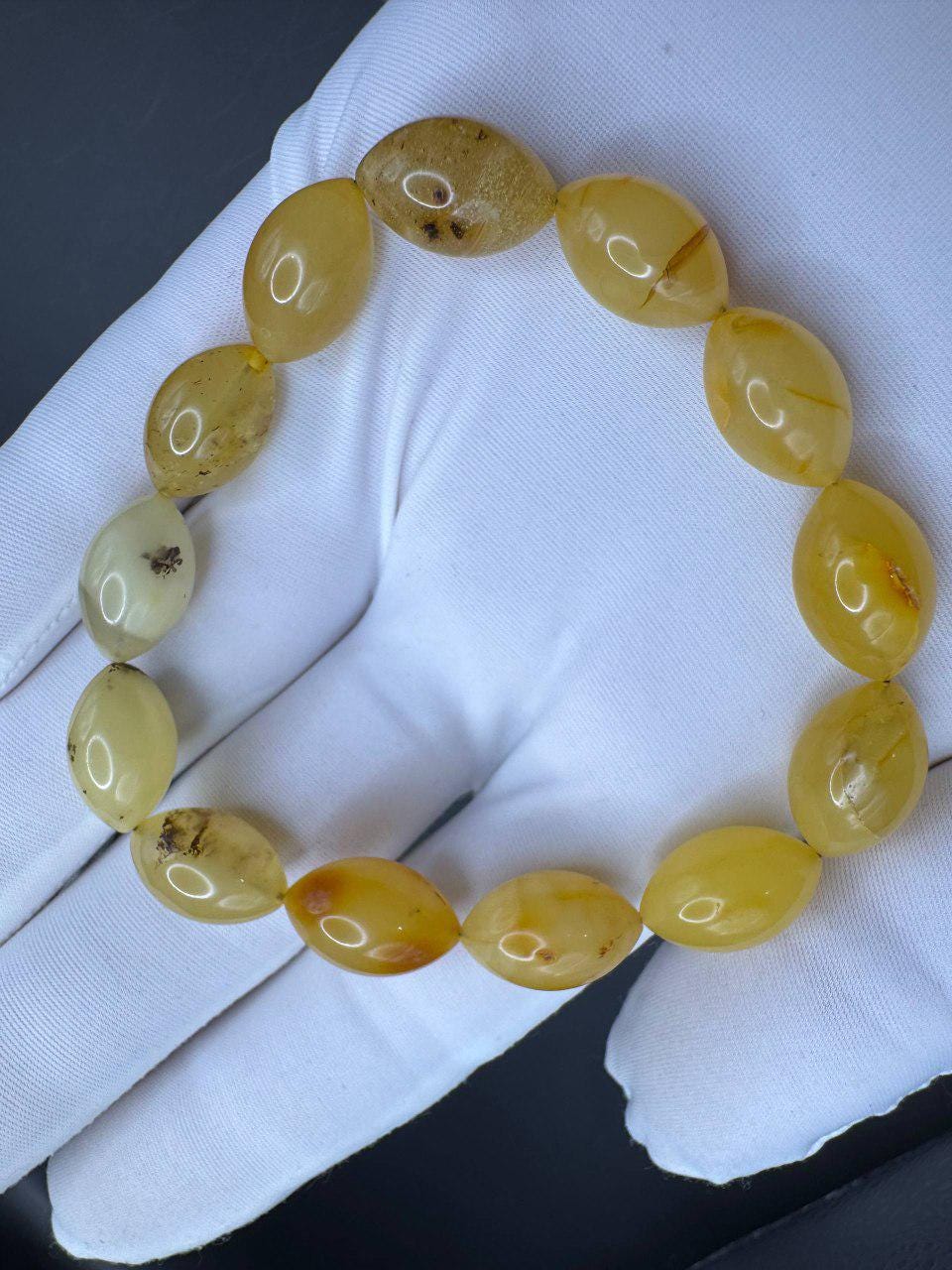 il_fullxfull.7429694872_kdfe.jpg Milky Yellow Oval Bead Bracelet, Amber-Look Gemstone, 10.3g
