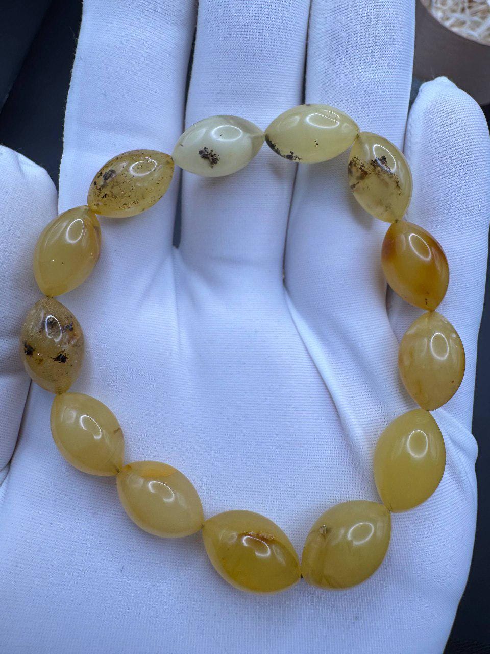 il_fullxfull.7429694874_bk9p.jpg Milky Yellow Oval Bead Bracelet, Amber-Look Gemstone, 10.3g