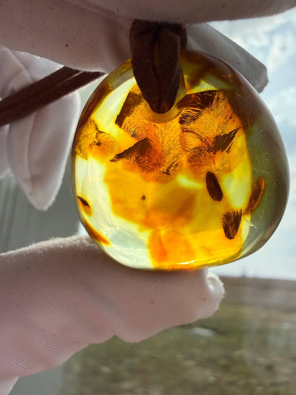 Large Honey Cognac Baltic Amber Pendant, Landscape Inclusions