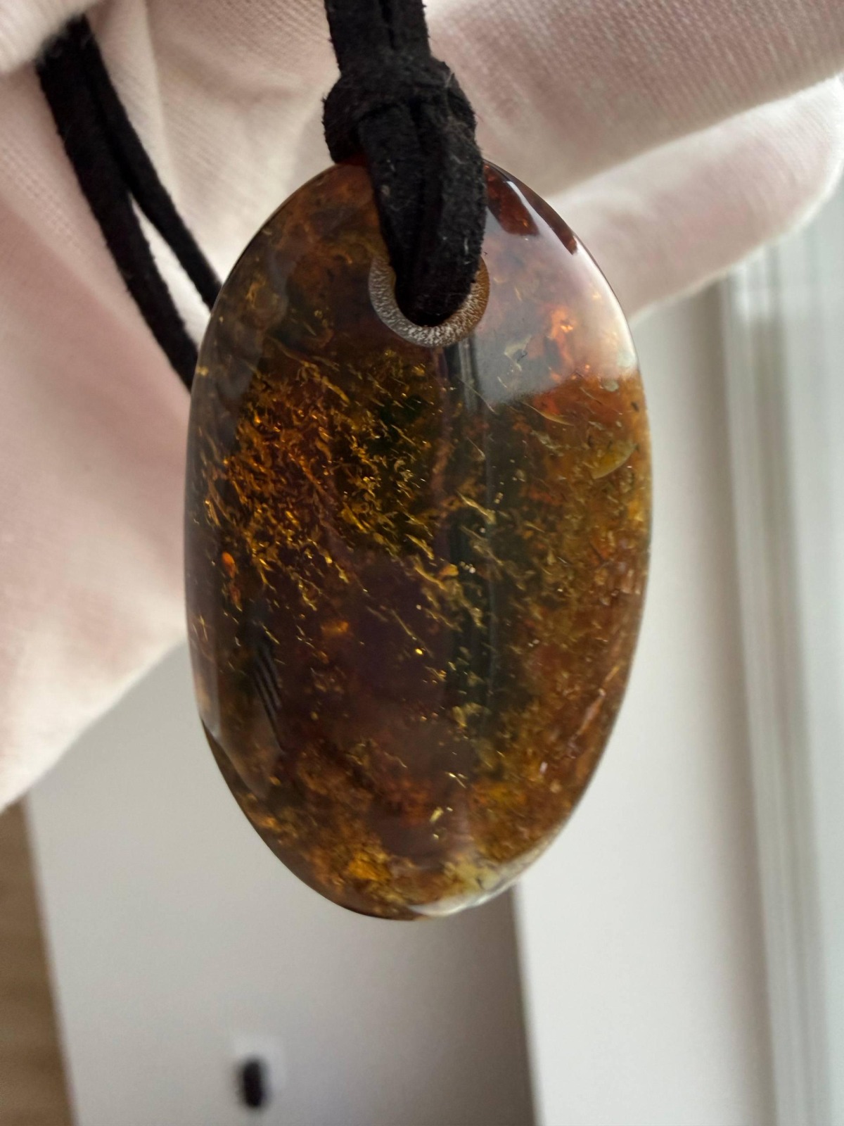Dark Cognac Baltic Amber Pendant, Oval with Golden Inclusions