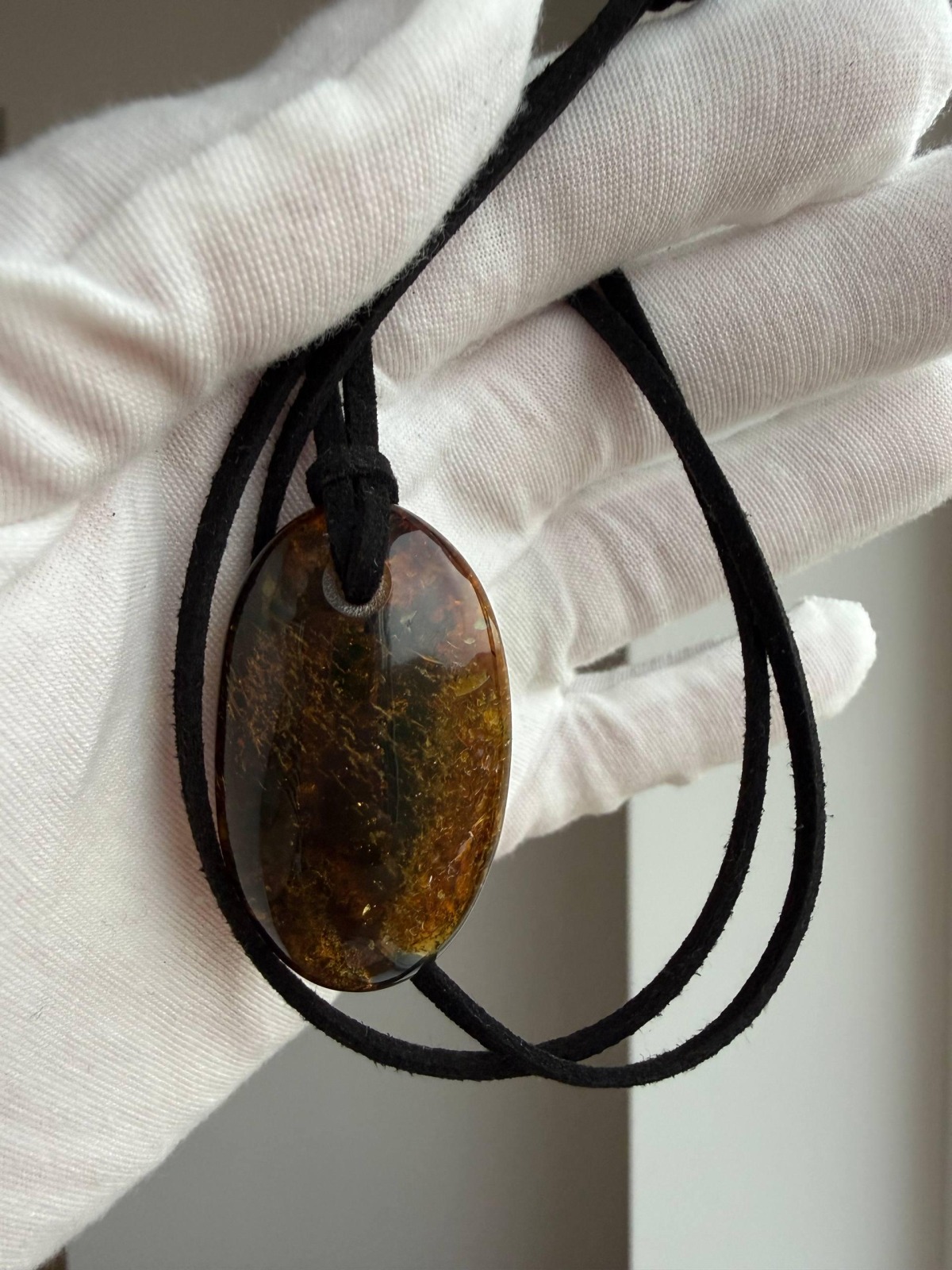 Dark Cognac Baltic Amber Pendant, Oval with Golden Inclusions