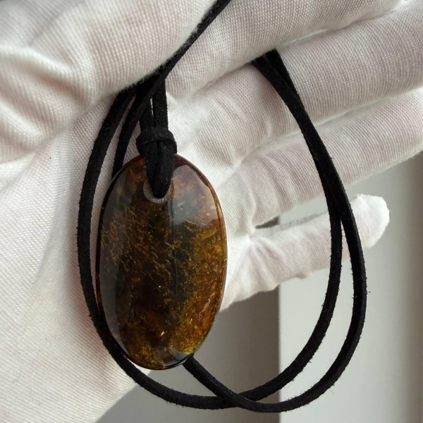 Dark Cognac Baltic Amber Pendant, Oval with Golden Inclusions