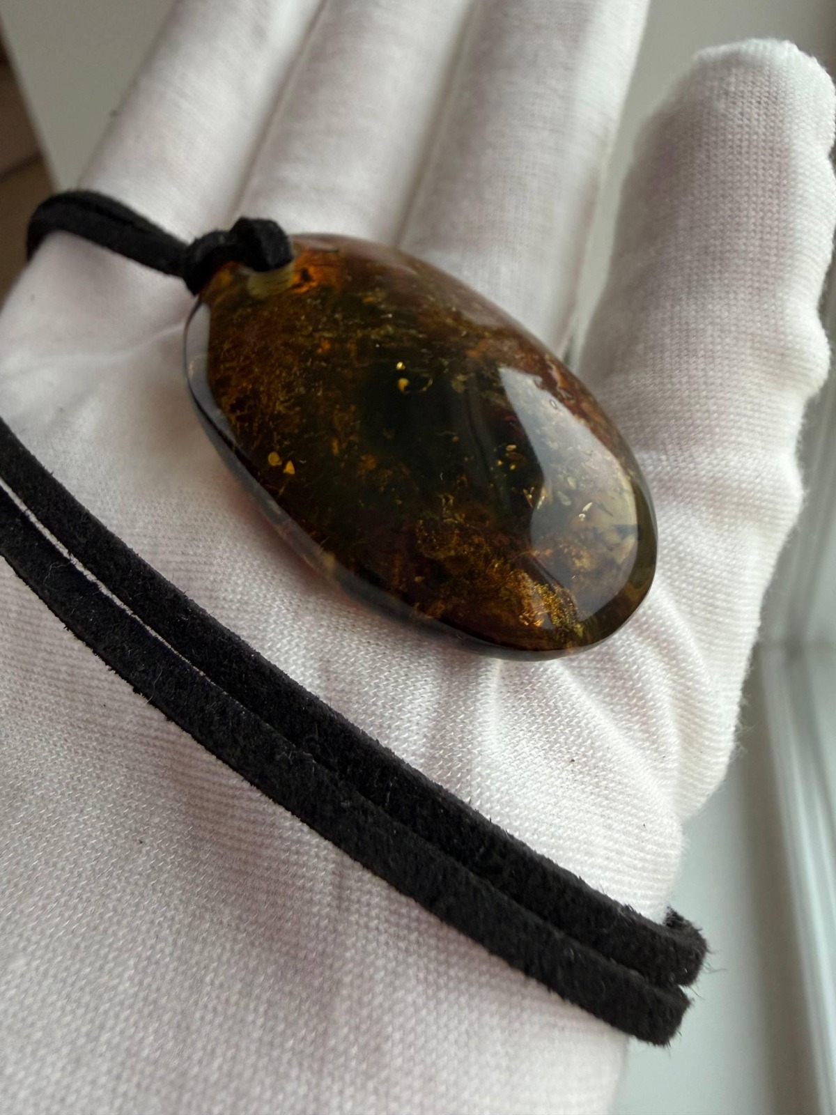 Dark Cognac Baltic Amber Pendant, Oval with Golden Inclusions