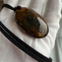 Dark Cognac Baltic Amber Pendant, Oval with Golden Inclusions