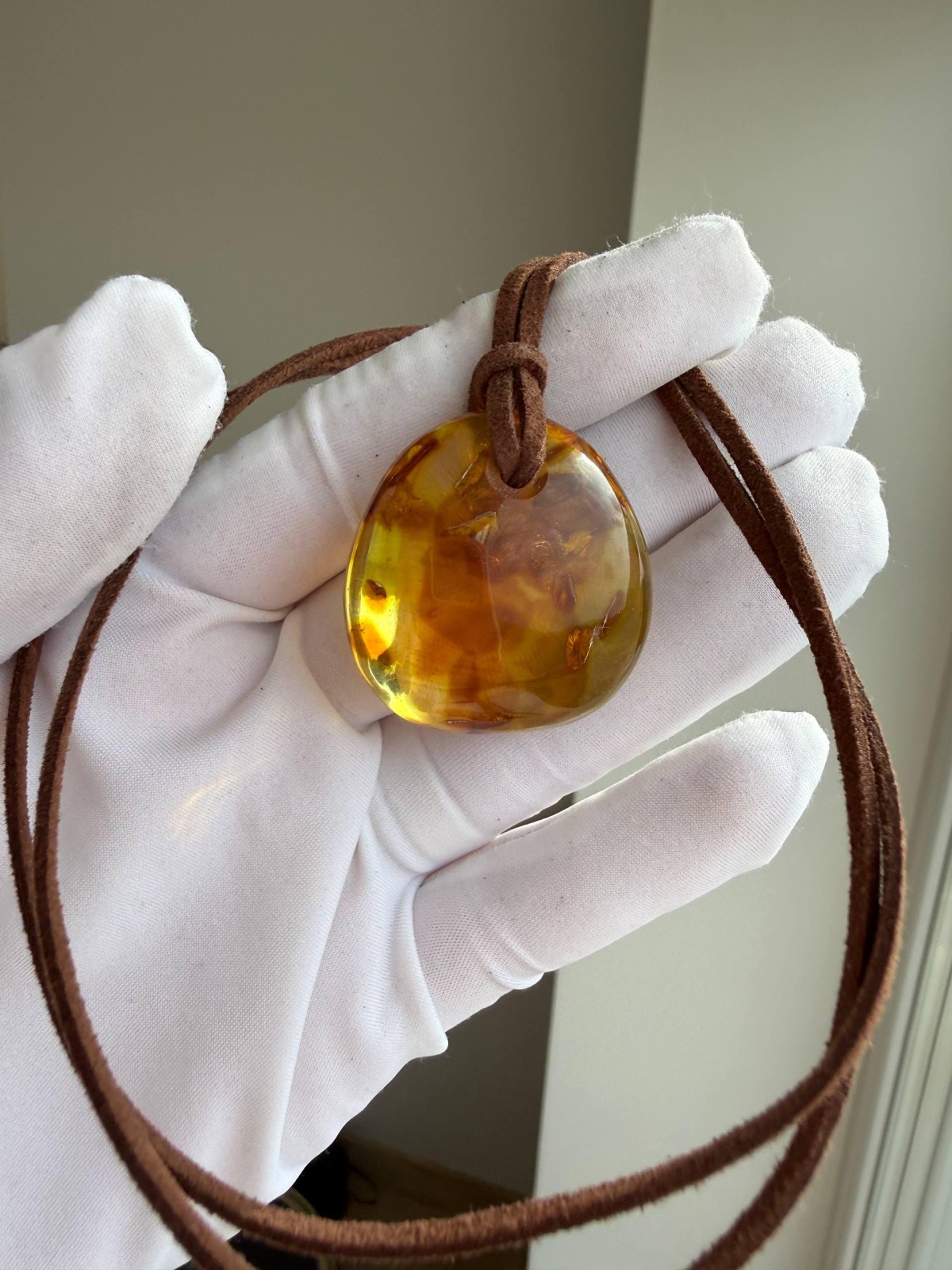 Large Honey Cognac Baltic Amber Pendant, Landscape Inclusions