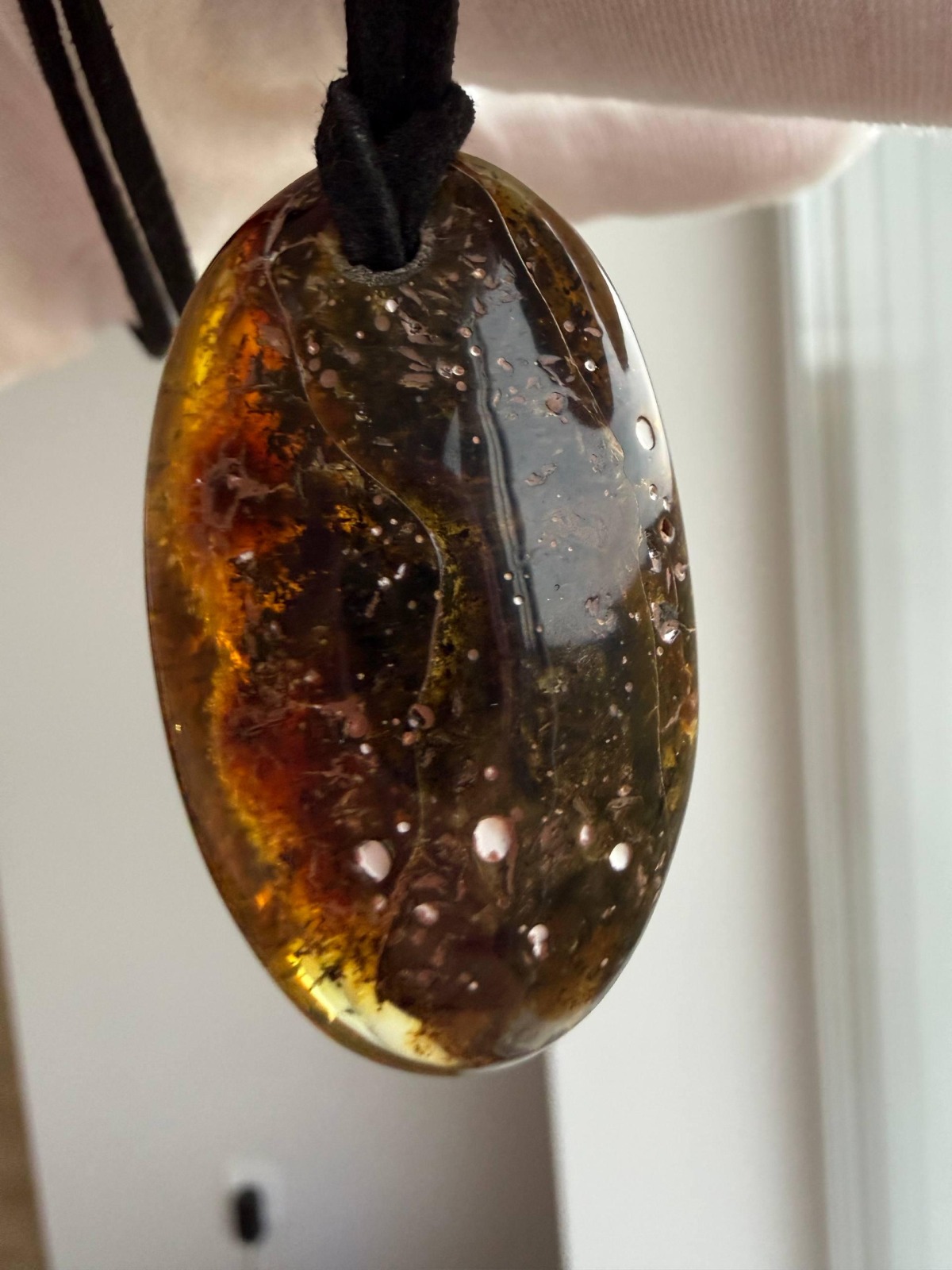 Dark Cognac Baltic Amber Pendant, Oval with Golden Inclusions