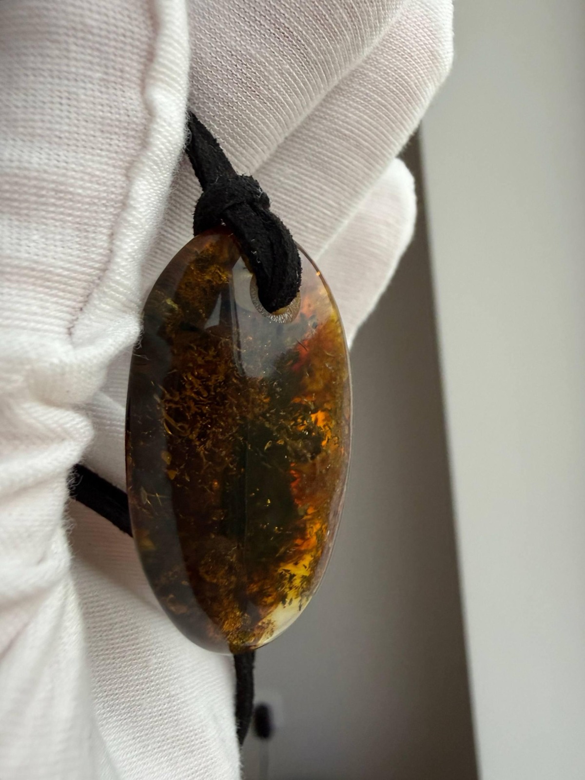 Dark Cognac Baltic Amber Pendant, Oval with Golden Inclusions
